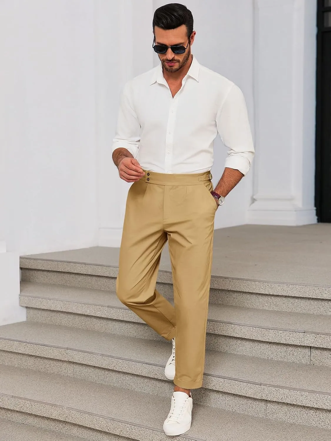 Runcati Mens Chinos Cotton Pants Slim Fit Pleated Front Dress Pants Casual Stretchy Tapered Trousers