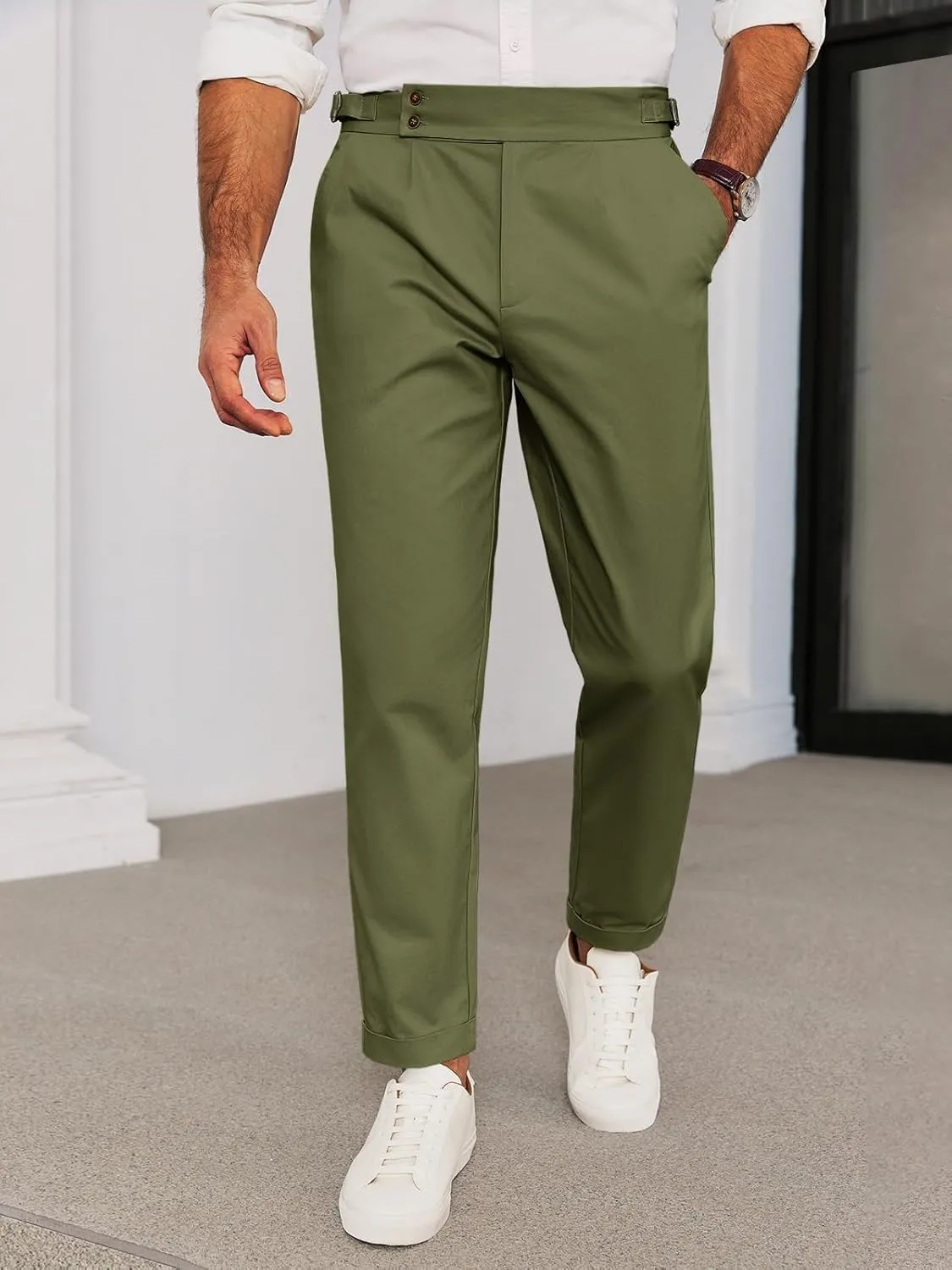 Runcati Mens Chinos Cotton Pants Slim Fit Pleated Front Dress Pants Casual Stretchy Tapered Trousers