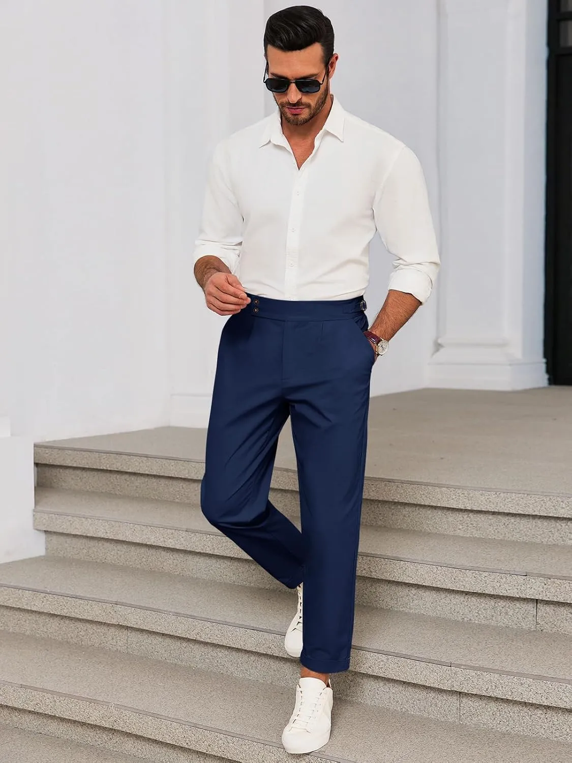 Runcati Mens Chinos Cotton Pants Slim Fit Pleated Front Dress Pants Casual Stretchy Tapered Trousers