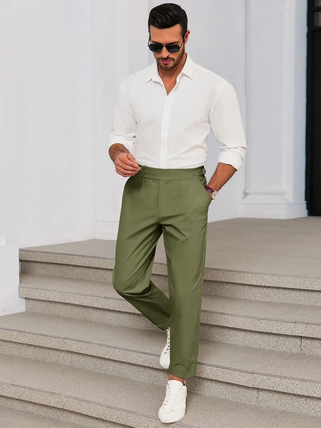 Runcati Mens Chinos Cotton Pants Slim Fit Pleated Front Dress Pants Casual Stretchy Tapered Trousers
