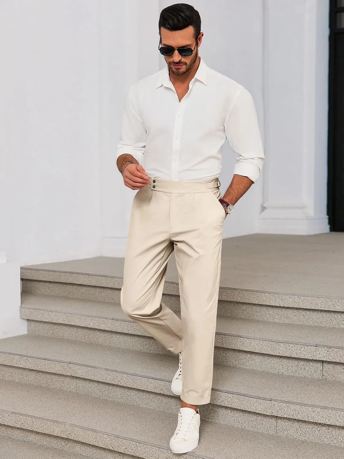 Runcati Mens Chinos Cotton Pants Slim Fit Pleated Front Dress Pants Casual Stretchy Tapered Trousers