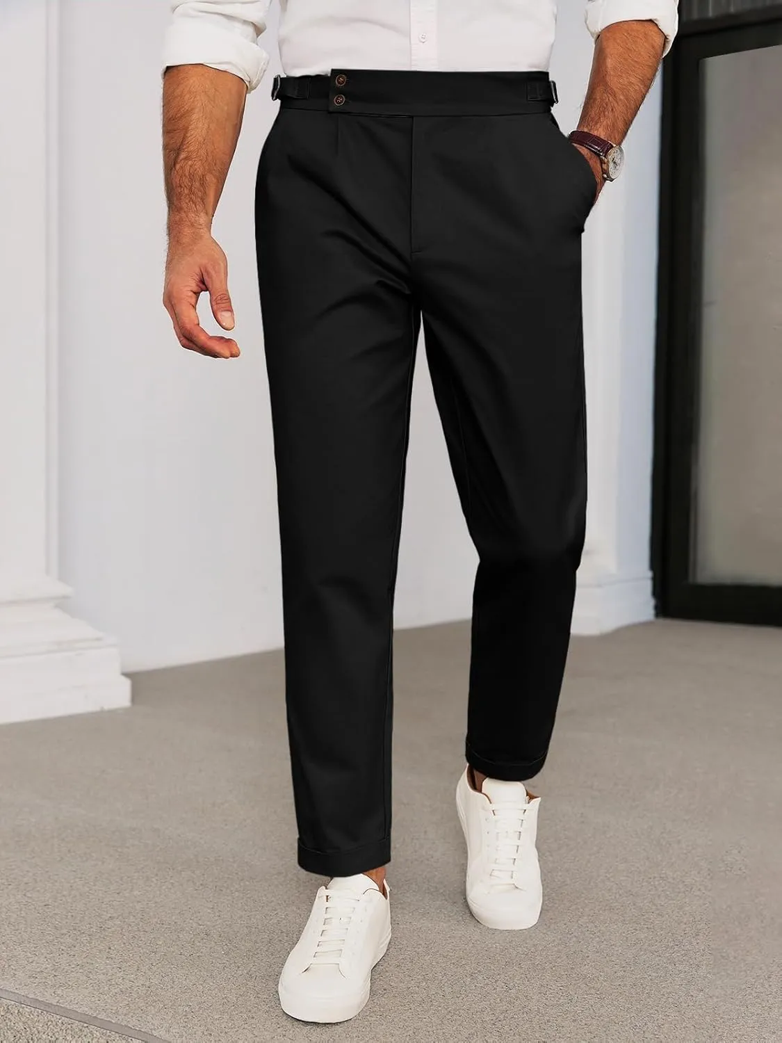 Runcati Mens Chinos Cotton Pants Slim Fit Pleated Front Dress Pants Casual Stretchy Tapered Trousers