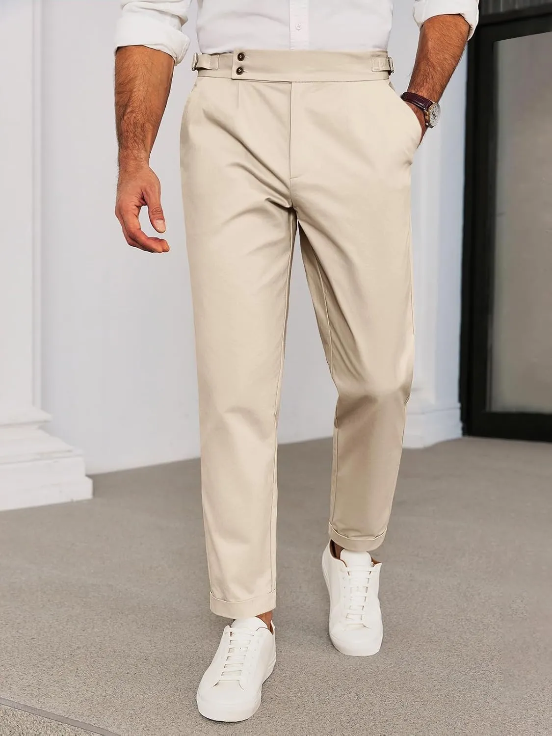 Runcati Mens Chinos Cotton Pants Slim Fit Pleated Front Dress Pants Casual Stretchy Tapered Trousers