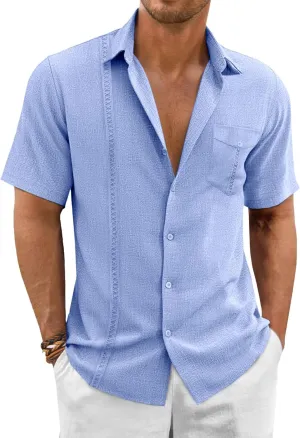 Runcati Mens Cuban Guayabera Shirts Button Down Short Sleeve Shirt Casual Linen Summer Beach Vacation Hippie Tops