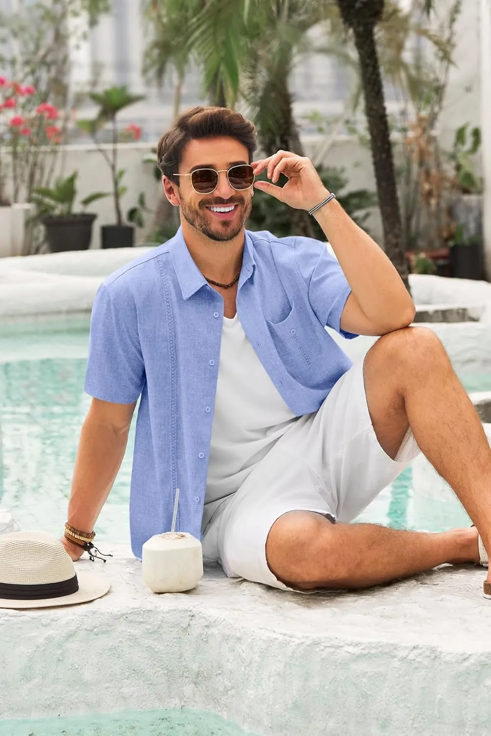 Runcati Mens Cuban Guayabera Shirts Button Down Short Sleeve Shirt Casual Linen Summer Beach Vacation Hippie Tops