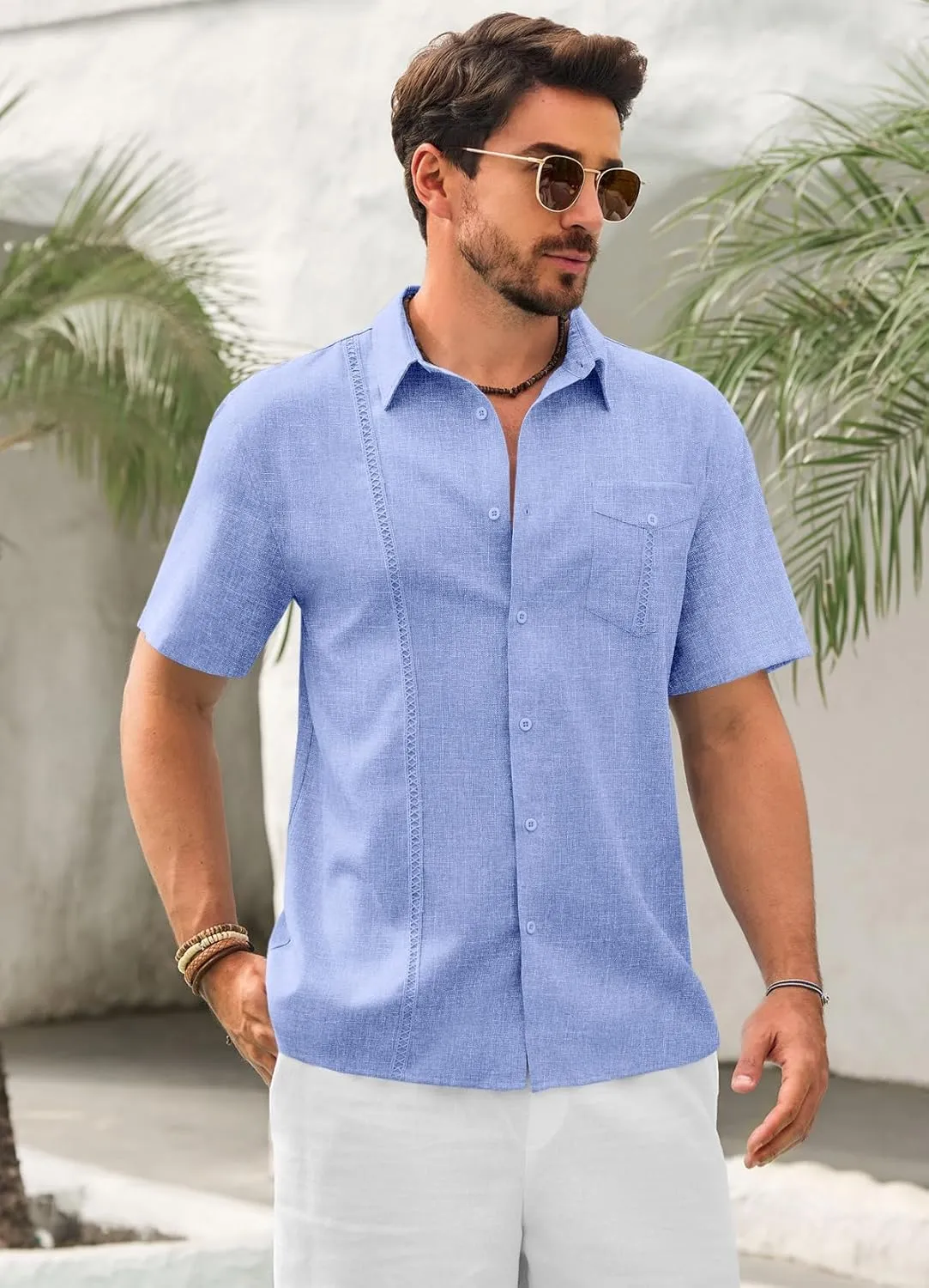 Runcati Mens Cuban Guayabera Shirts Button Down Short Sleeve Shirt Casual Linen Summer Beach Vacation Hippie Tops