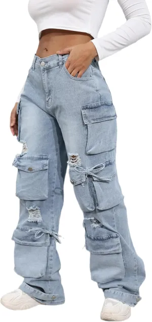 Ryehack Womens Baggy Jeans Y2k Cargo Jeans Casual High Waist Baggy Denim Cargo Pants with Pockets Streetwear