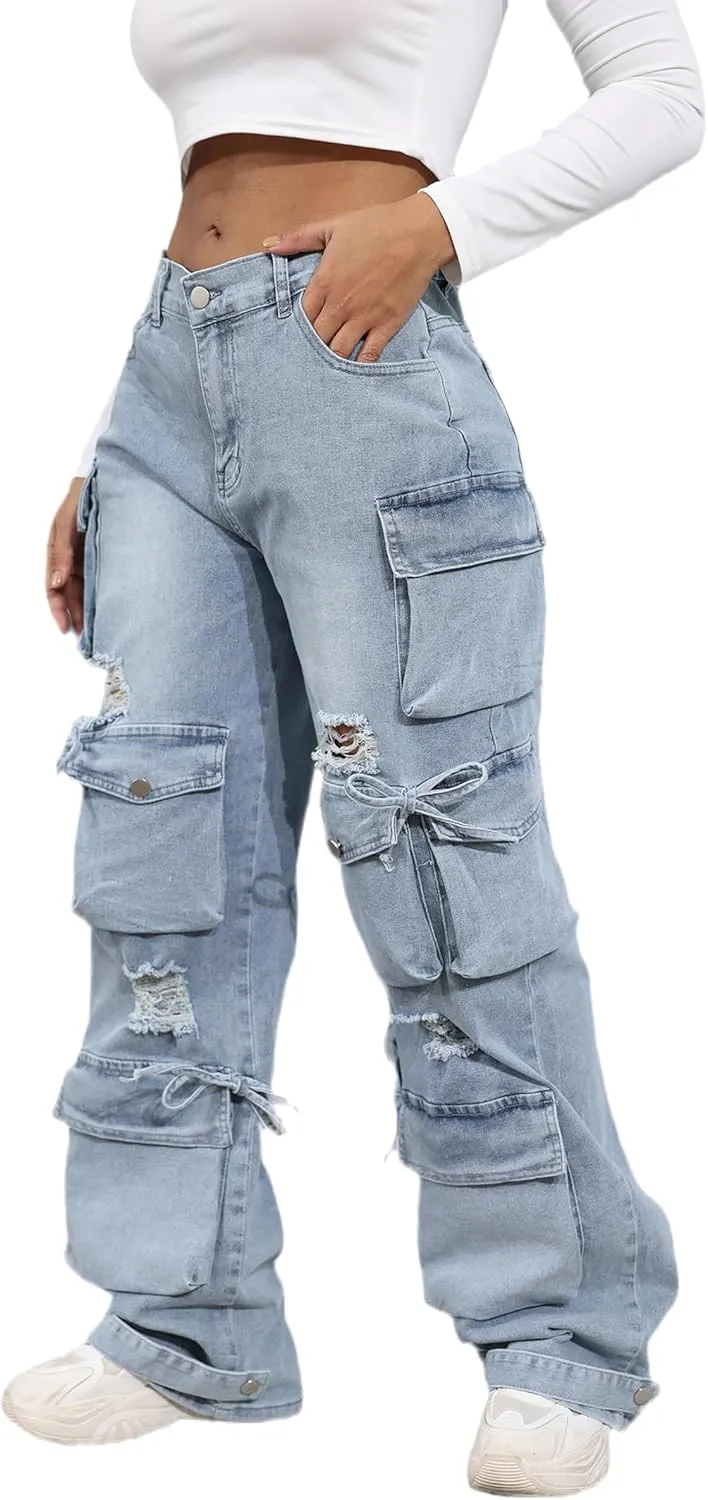 Ryehack Womens Baggy Jeans Y2k Cargo Jeans Casual High Waist Baggy Denim Cargo Pants with Pockets Streetwear