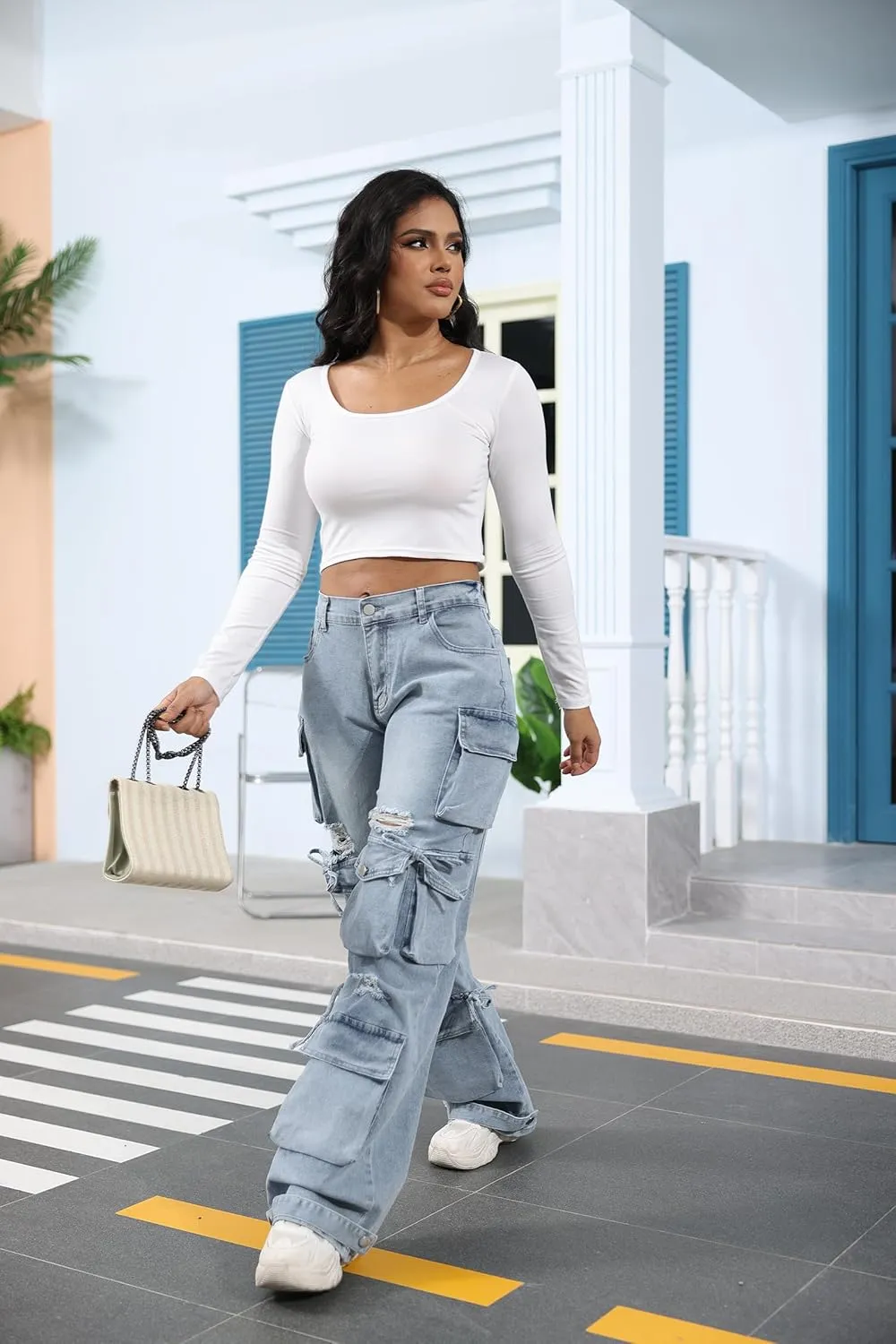 Ryehack Womens Baggy Jeans Y2k Cargo Jeans Casual High Waist Baggy Denim Cargo Pants with Pockets Streetwear