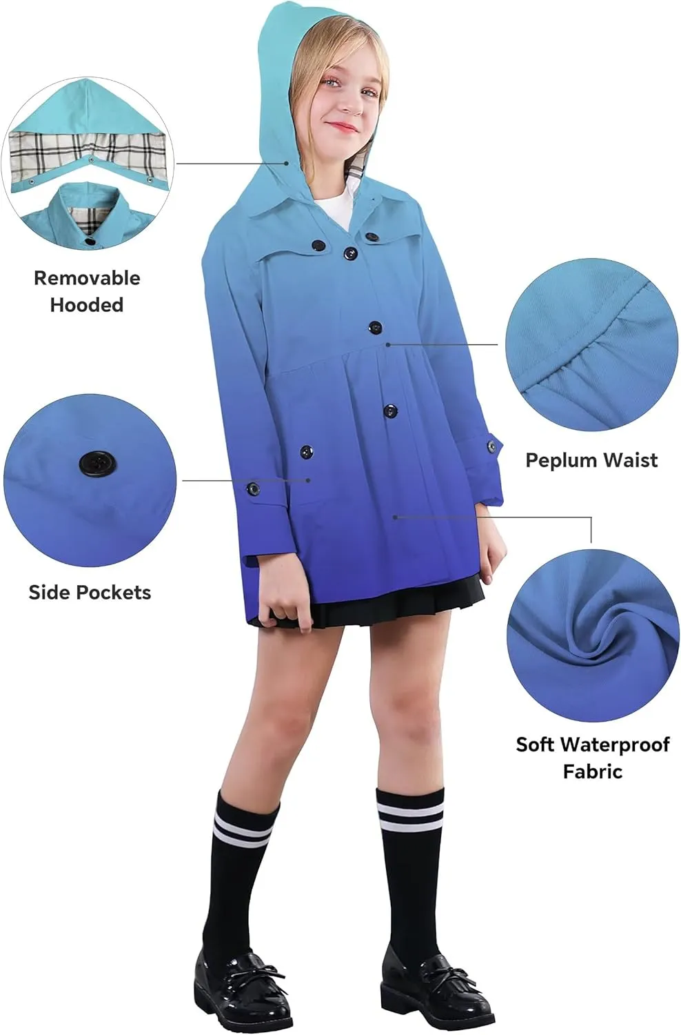 SANGTREE Girl's Waterproof Trench Coat Hooded Lightweight Rain Jackets