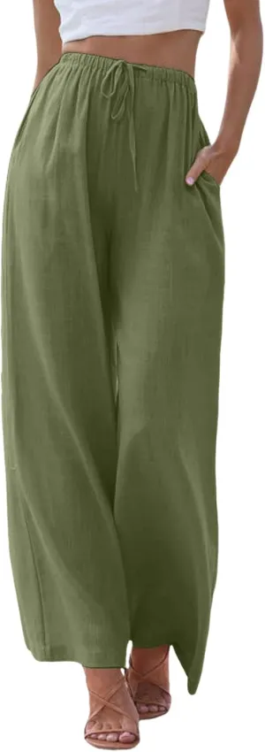 sdbrld Pantalones De Lino De Las Mujeres Linen Wide Leg Pants for Women Shorts Linen Pants Women Summer,Womens Linen Pants with Pockets High Waist Adjustable Knot Casual Trousers (Z41-AG, XXXL)