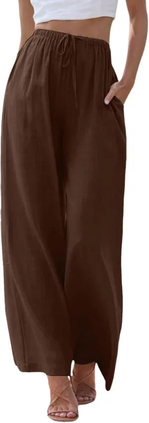 sdbrld Pantalones De Lino De Las Mujeres Linen Wide Leg Pants for Women Shorts Linen Pants Women Summer,Womens Linen Pants with Pockets High Waist Adjustable Knot Casual Trousers (Z41-Coffee, L)