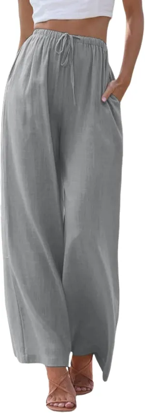 sdbrld Pantalones De Lino De Las Mujeres Linen Wide Leg Pants for Women Shorts Linen Pants Women Summer,Womens Linen Pants with Pockets High Waist Adjustable Knot Casual Trousers (Z41-GY1, M)