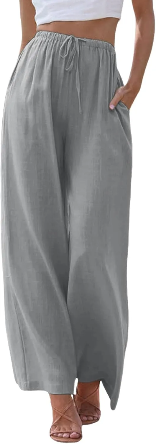 sdbrld Pantalones De Lino De Las Mujeres Linen Wide Leg Pants for Women Shorts Linen Pants Women Summer,Womens Linen Pants with Pockets High Waist Adjustable Knot Casual Trousers (Z41-GY1, M)