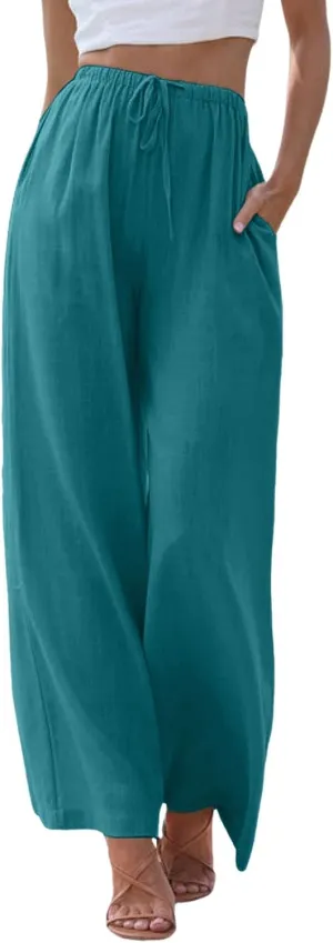 sdbrld Pantalones De Lino De Las Mujeres Linen Wide Leg Pants for Women Shorts Linen Pants Women Summer,Womens Linen Pants with Pockets High Waist Adjustable Knot Casual Trousers (Z41-Sky Blue, S)