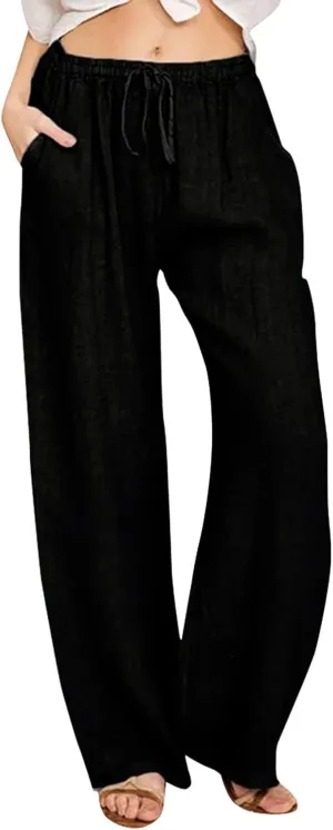sdbrld Pantalones De Lino Mujer Verano Wide Leg Linen Pants for Women Linen Pants Linen Pants Women Summer,Womens Linen Pants with Pockets High Waist Adjustable Knot Casual Trousers (Z2-Black, M)