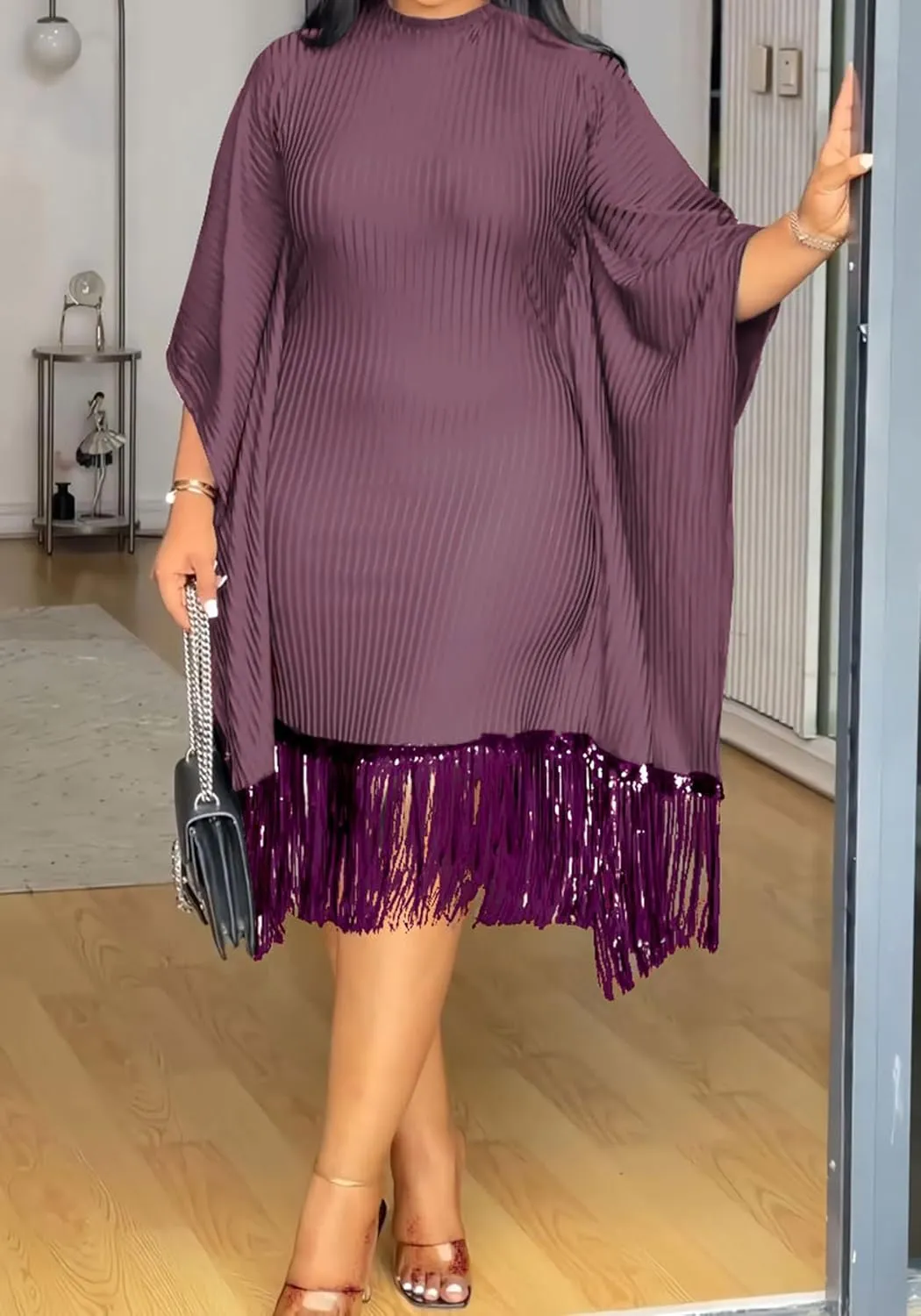 Seltaon Elegant Dress for Women Formal Batwing Sleeve Sparkle Fringe Swing Midi Dresses Cocktail Party Plus Size