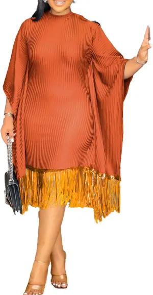 Seltaon Elegant Dress for Women Formal Batwing Sleeve Sparkle Fringe Swing Midi Dresses Cocktail Party Plus Size