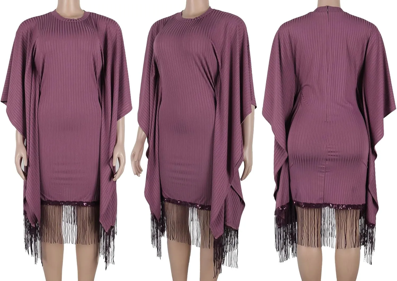 Seltaon Elegant Dress for Women Formal Batwing Sleeve Sparkle Fringe Swing Midi Dresses Cocktail Party Plus Size