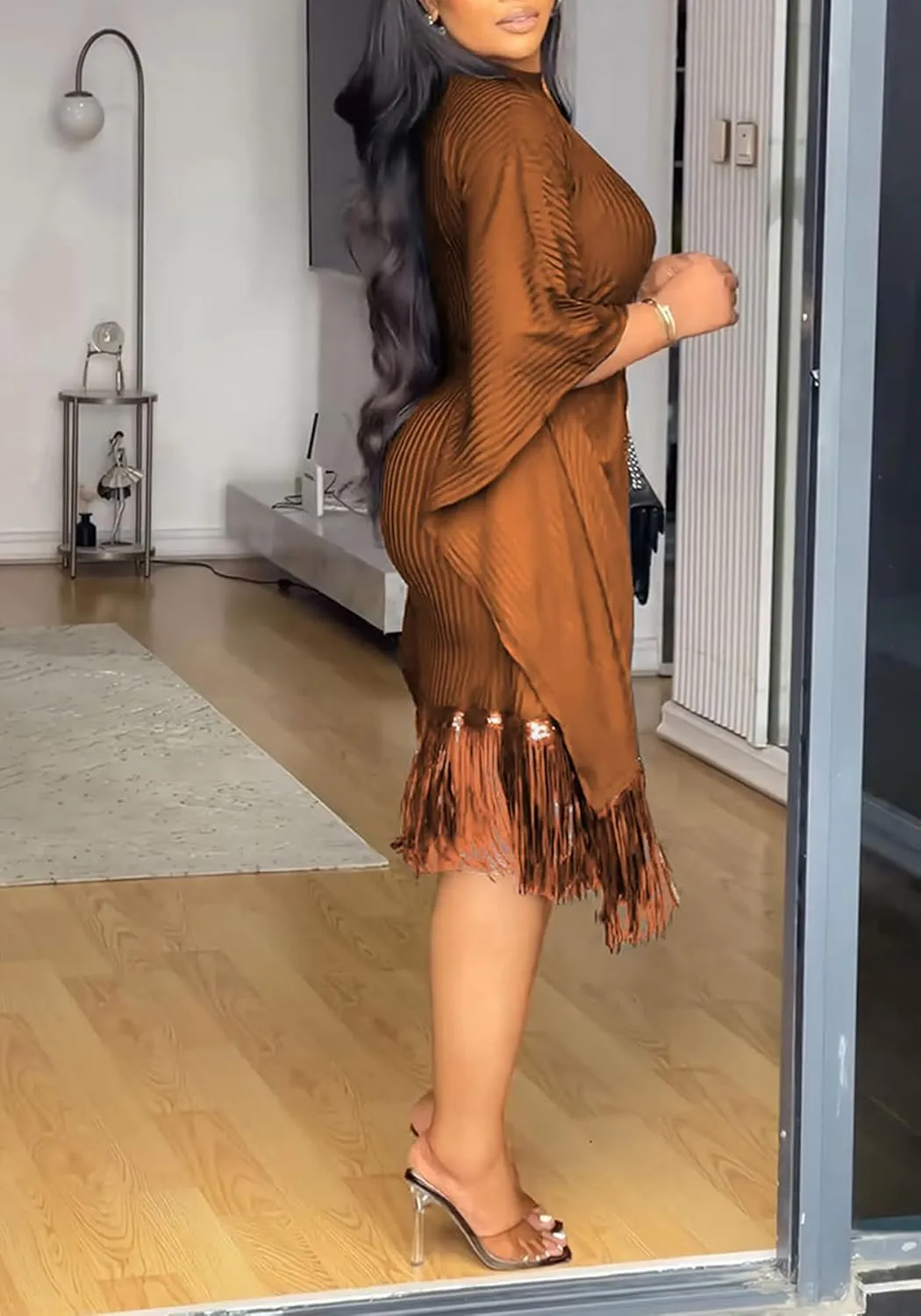 Seltaon Elegant Dress for Women Formal Batwing Sleeve Sparkle Fringe Swing Midi Dresses Cocktail Party Plus Size