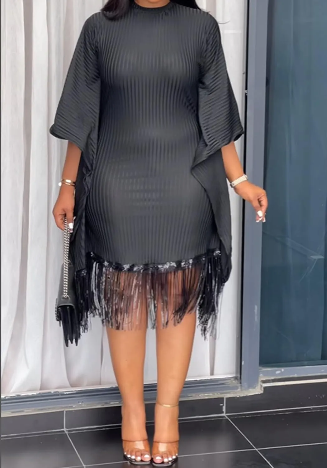 Seltaon Elegant Dress for Women Formal Batwing Sleeve Sparkle Fringe Swing Midi Dresses Cocktail Party Plus Size