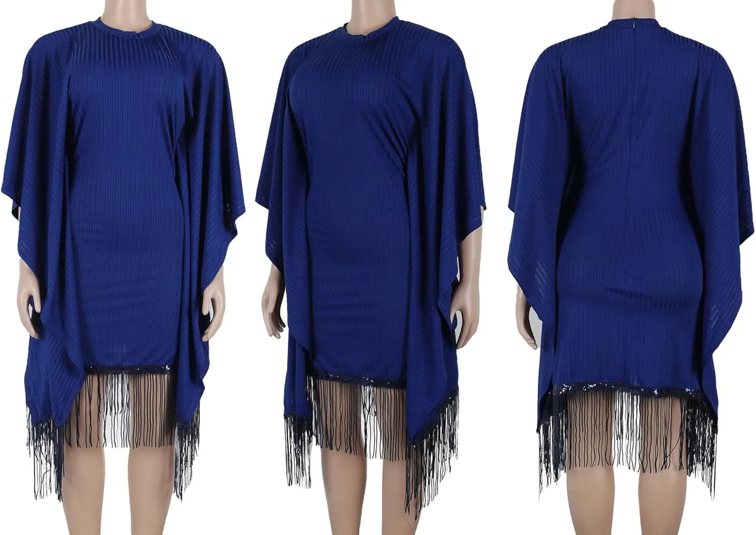 Seltaon Elegant Dress for Women Formal Batwing Sleeve Sparkle Fringe Swing Midi Dresses Cocktail Party Plus Size