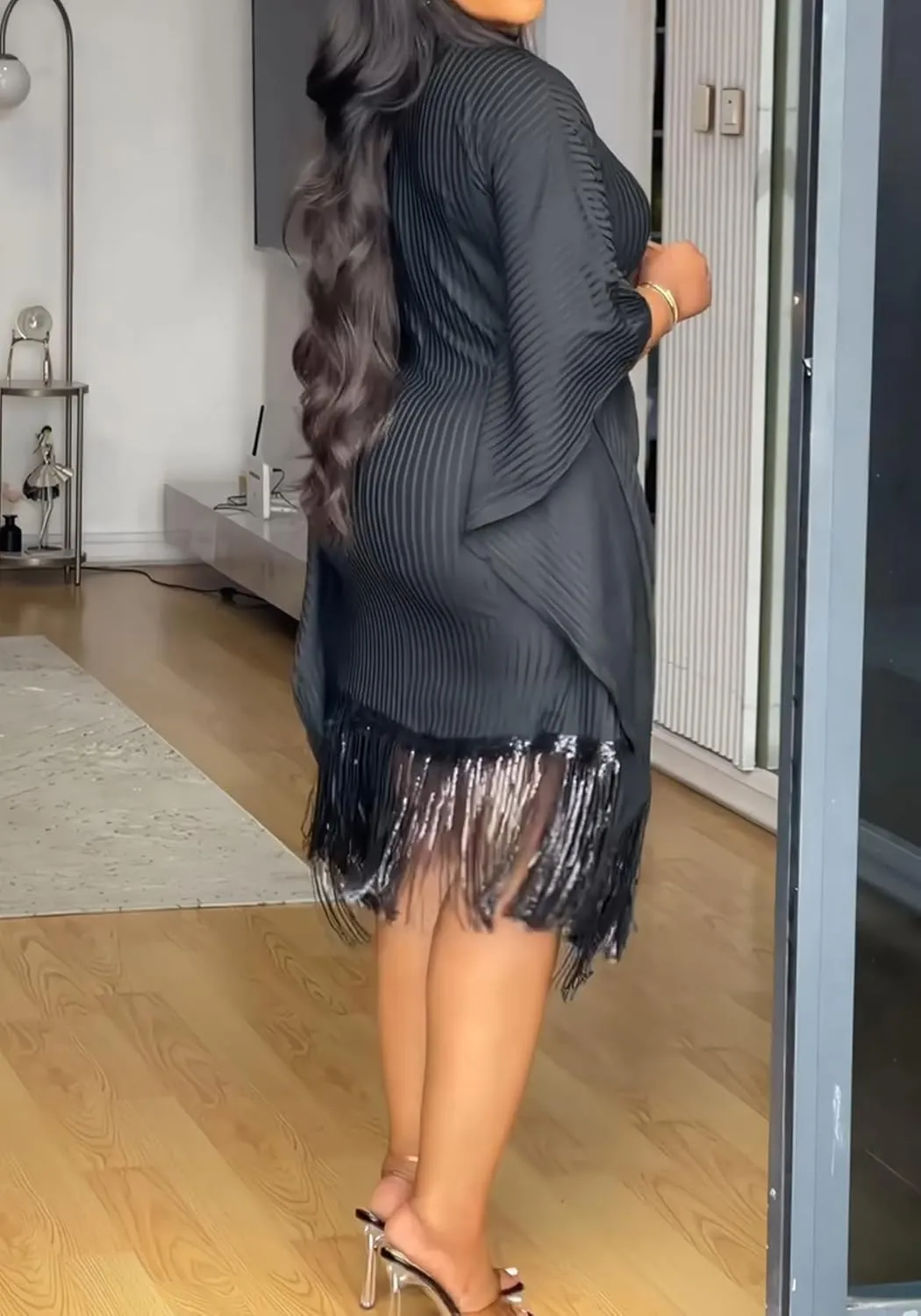 Seltaon Elegant Dress for Women Formal Batwing Sleeve Sparkle Fringe Swing Midi Dresses Cocktail Party Plus Size