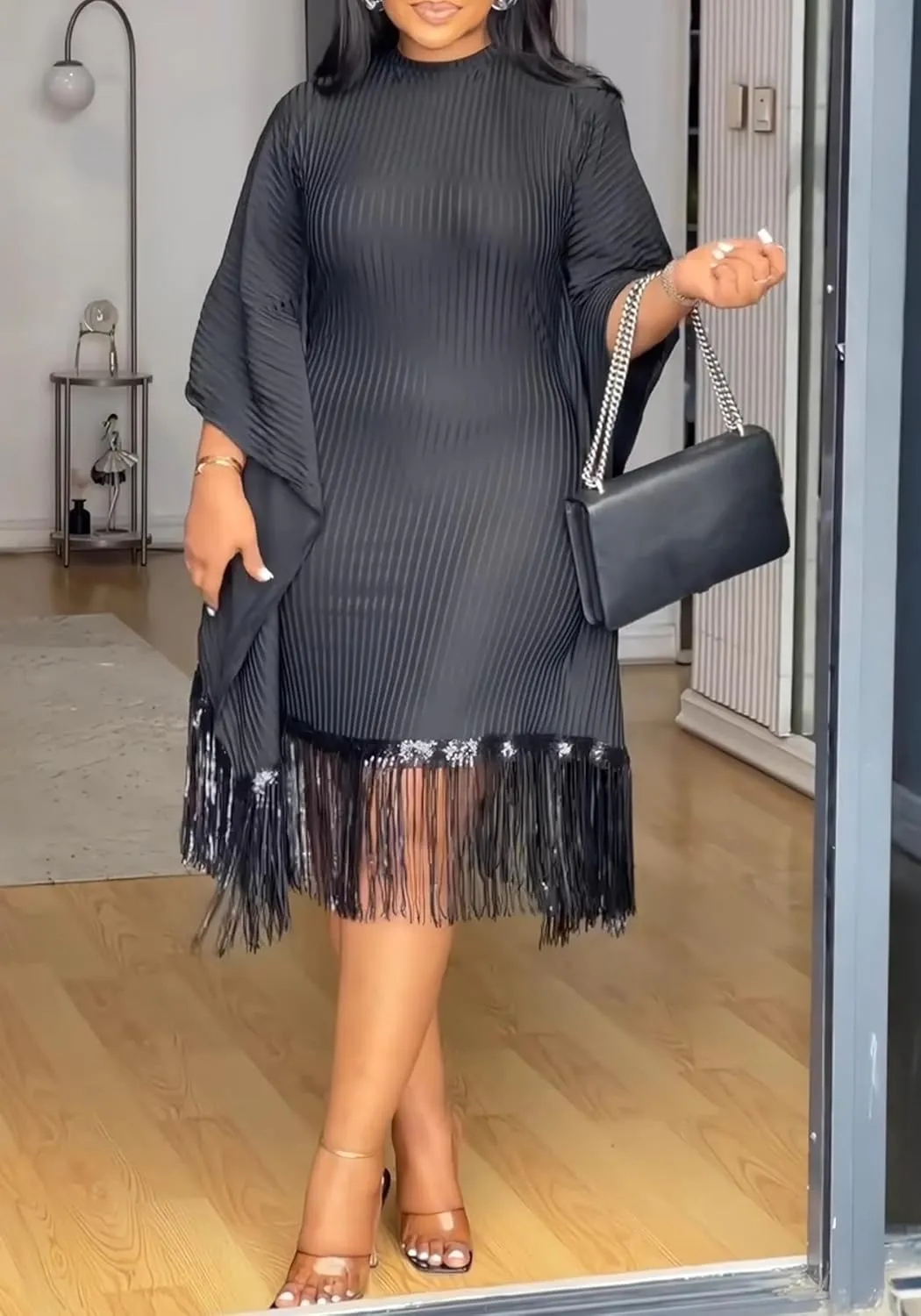 Seltaon Elegant Dress for Women Formal Batwing Sleeve Sparkle Fringe Swing Midi Dresses Cocktail Party Plus Size