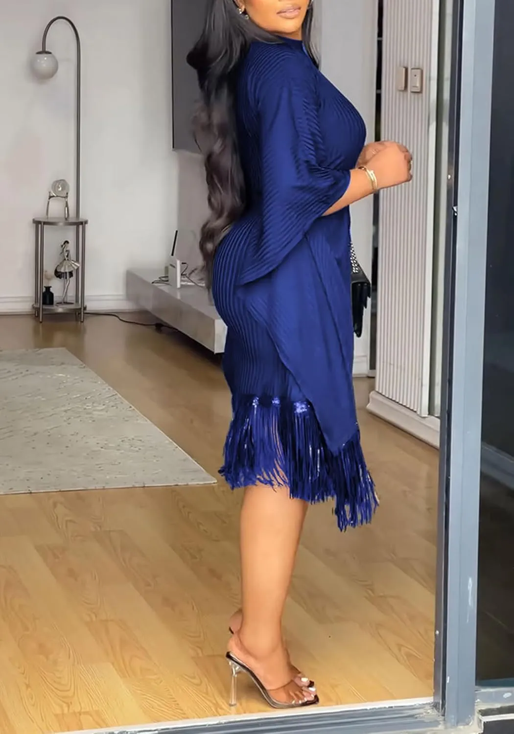 Seltaon Elegant Dress for Women Formal Batwing Sleeve Sparkle Fringe Swing Midi Dresses Cocktail Party Plus Size
