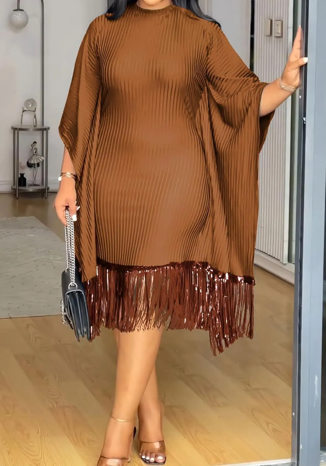 Seltaon Elegant Dress for Women Formal Batwing Sleeve Sparkle Fringe Swing Midi Dresses Cocktail Party Plus Size