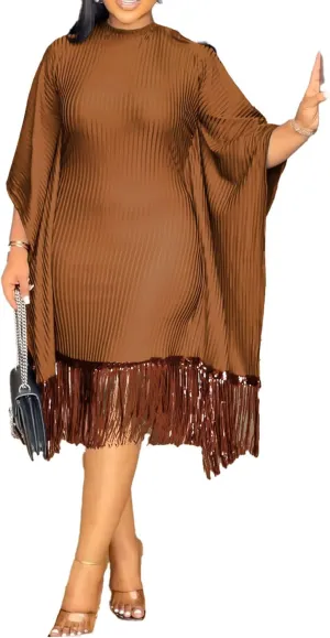 Seltaon Elegant Dress for Women Formal Batwing Sleeve Sparkle Fringe Swing Midi Dresses Cocktail Party Plus Size