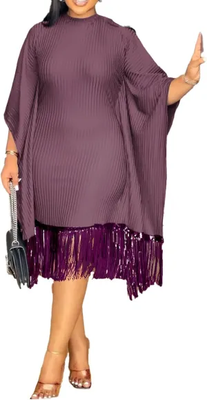 Seltaon Elegant Dress for Women Formal Batwing Sleeve Sparkle Fringe Swing Midi Dresses Cocktail Party Plus Size