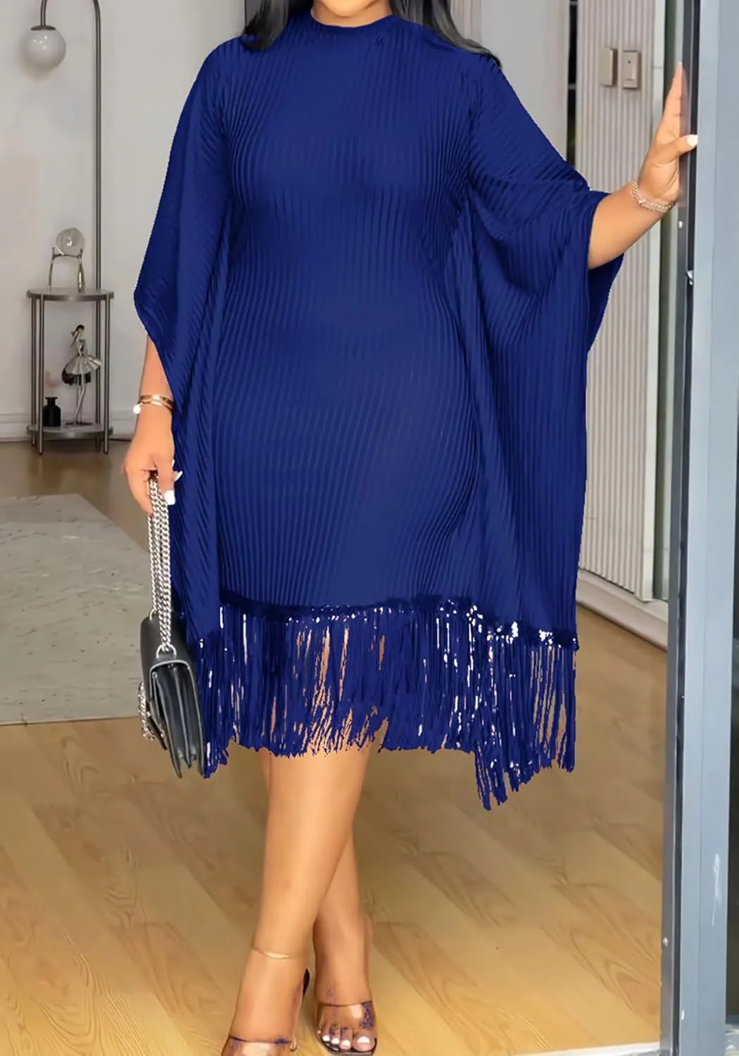 Seltaon Elegant Dress for Women Formal Batwing Sleeve Sparkle Fringe Swing Midi Dresses Cocktail Party Plus Size