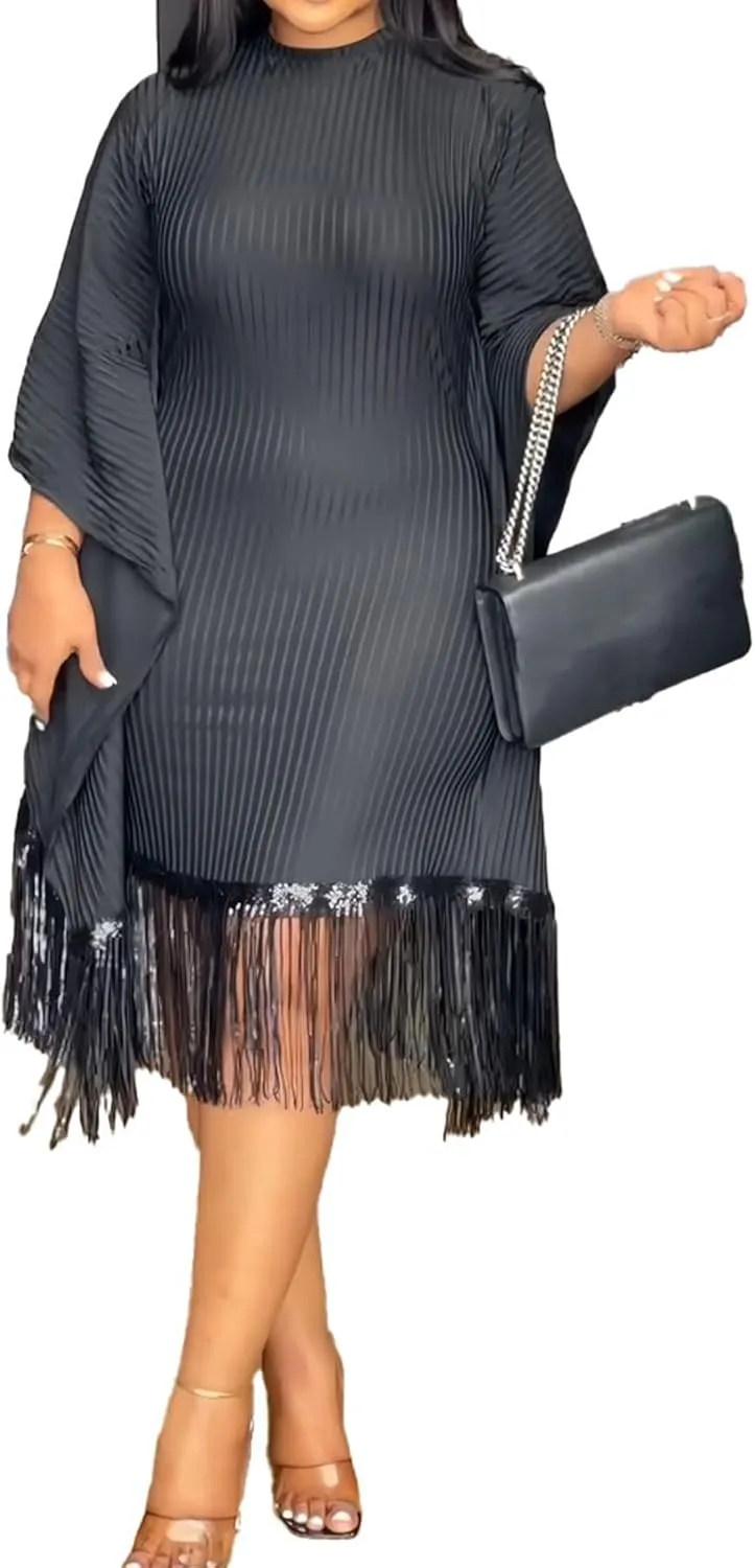 Seltaon Elegant Dress for Women Formal Batwing Sleeve Sparkle Fringe Swing Midi Dresses Cocktail Party Plus Size
