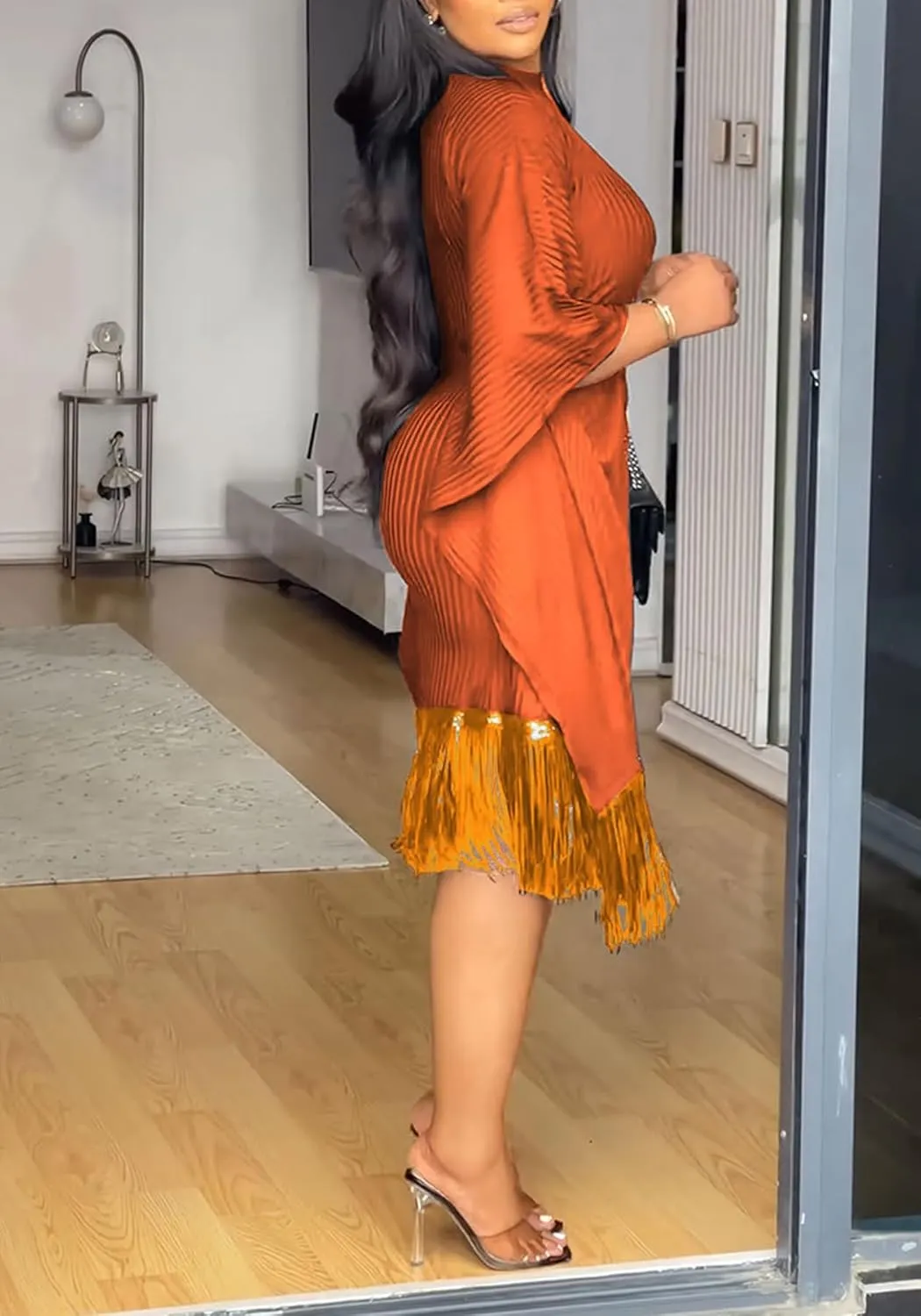 Seltaon Elegant Dress for Women Formal Batwing Sleeve Sparkle Fringe Swing Midi Dresses Cocktail Party Plus Size