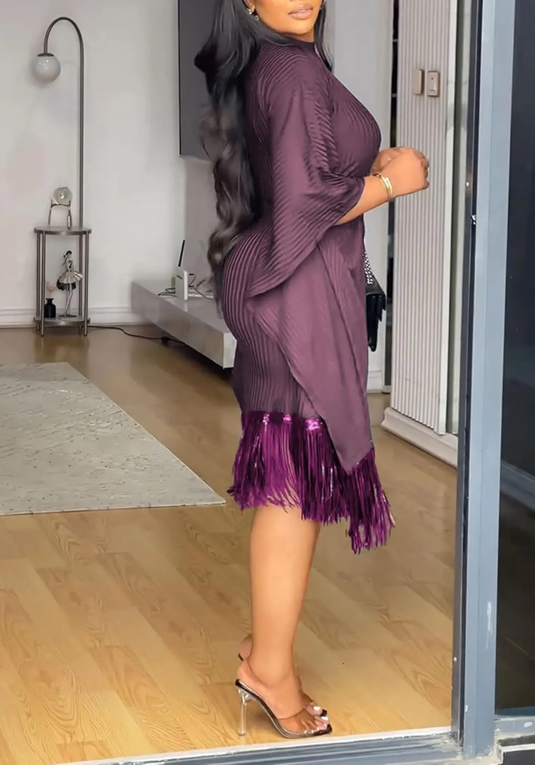 Seltaon Elegant Dress for Women Formal Batwing Sleeve Sparkle Fringe Swing Midi Dresses Cocktail Party Plus Size