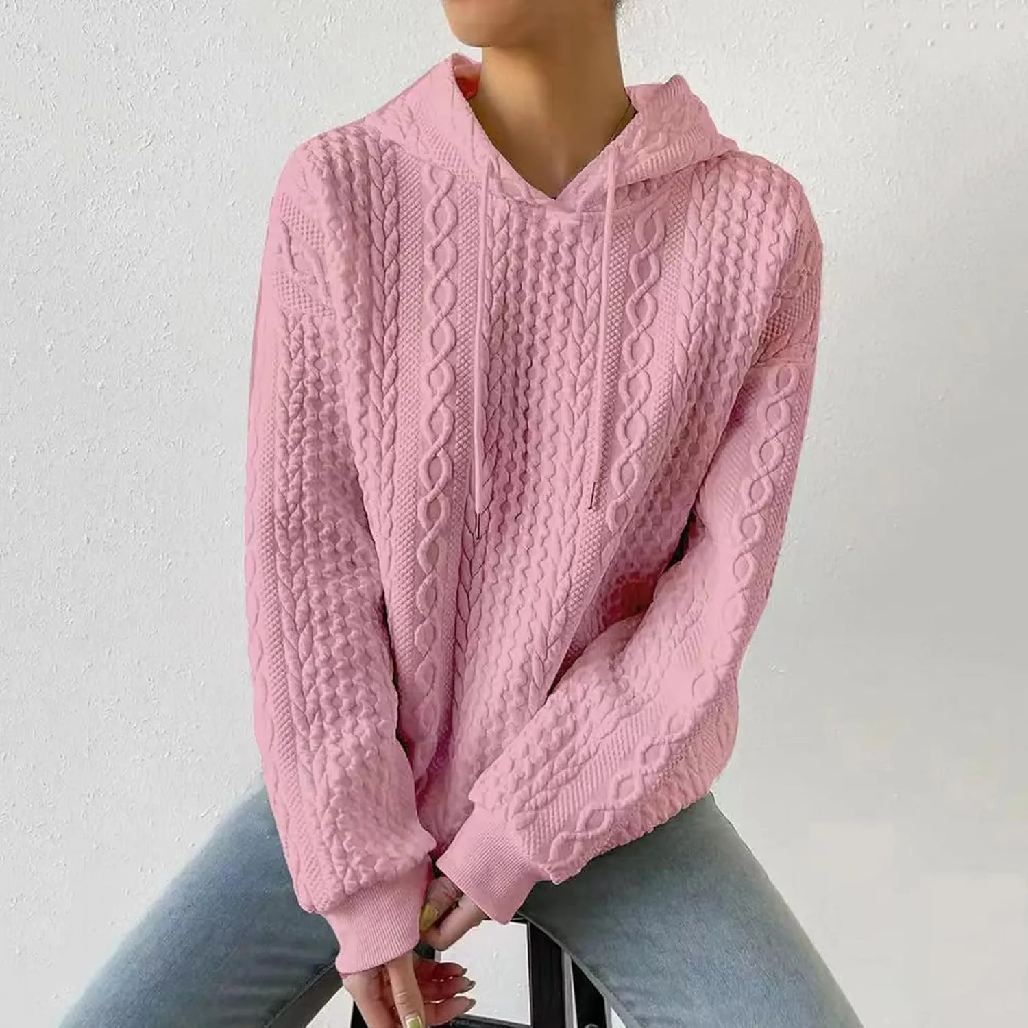 SHAOBGE Front L Women's Textured Long Sleeve Drop Shoulder Drawstring Pullover Solid Hoodie Top