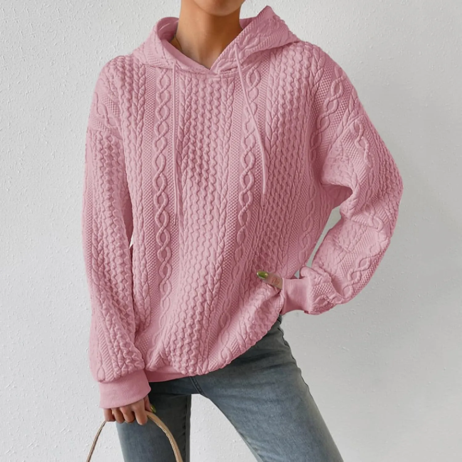 SHAOBGE Front L Women's Textured Long Sleeve Drop Shoulder Drawstring Pullover Solid Hoodie Top