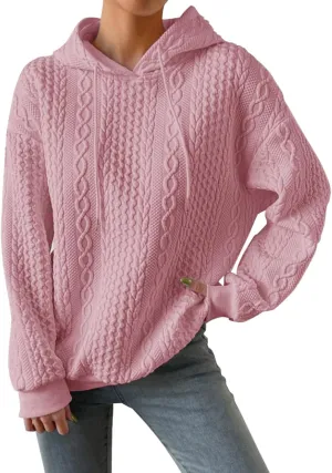 SHAOBGE Front L Women's Textured Long Sleeve Drop Shoulder Drawstring Pullover Solid Hoodie Top