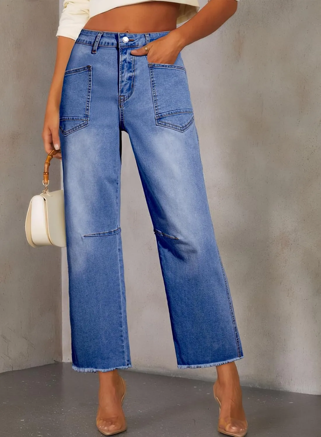 SHEWIN Straight Leg Jeans for Women High Waisted Stretchy Jeans Wide Leg Ankle Denim Pants with Pockets