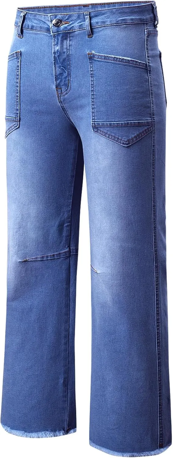 SHEWIN Straight Leg Jeans for Women High Waisted Stretchy Jeans Wide Leg Ankle Denim Pants with Pockets