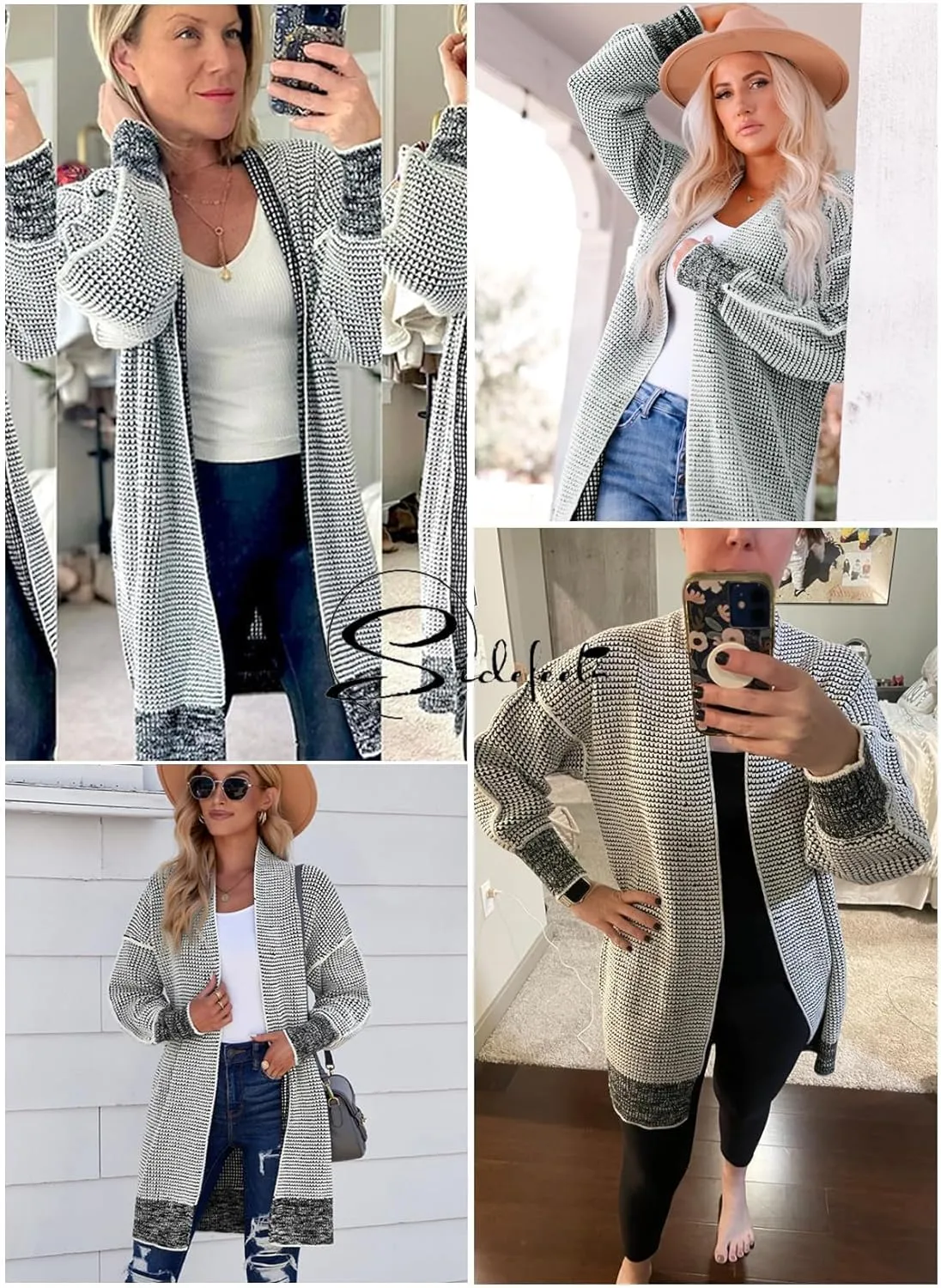 Sidefeel Womens 2024 Fall Winter Long Sleeve Open Front Cardigan Sweaters Oversized Checkered Chunky Knit Sweaters Coat