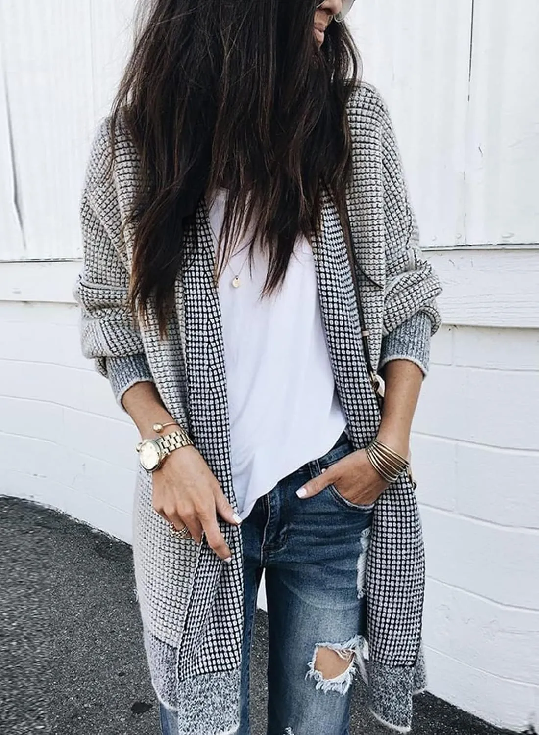 Sidefeel Womens 2024 Fall Winter Long Sleeve Open Front Cardigan Sweaters Oversized Checkered Chunky Knit Sweaters Coat