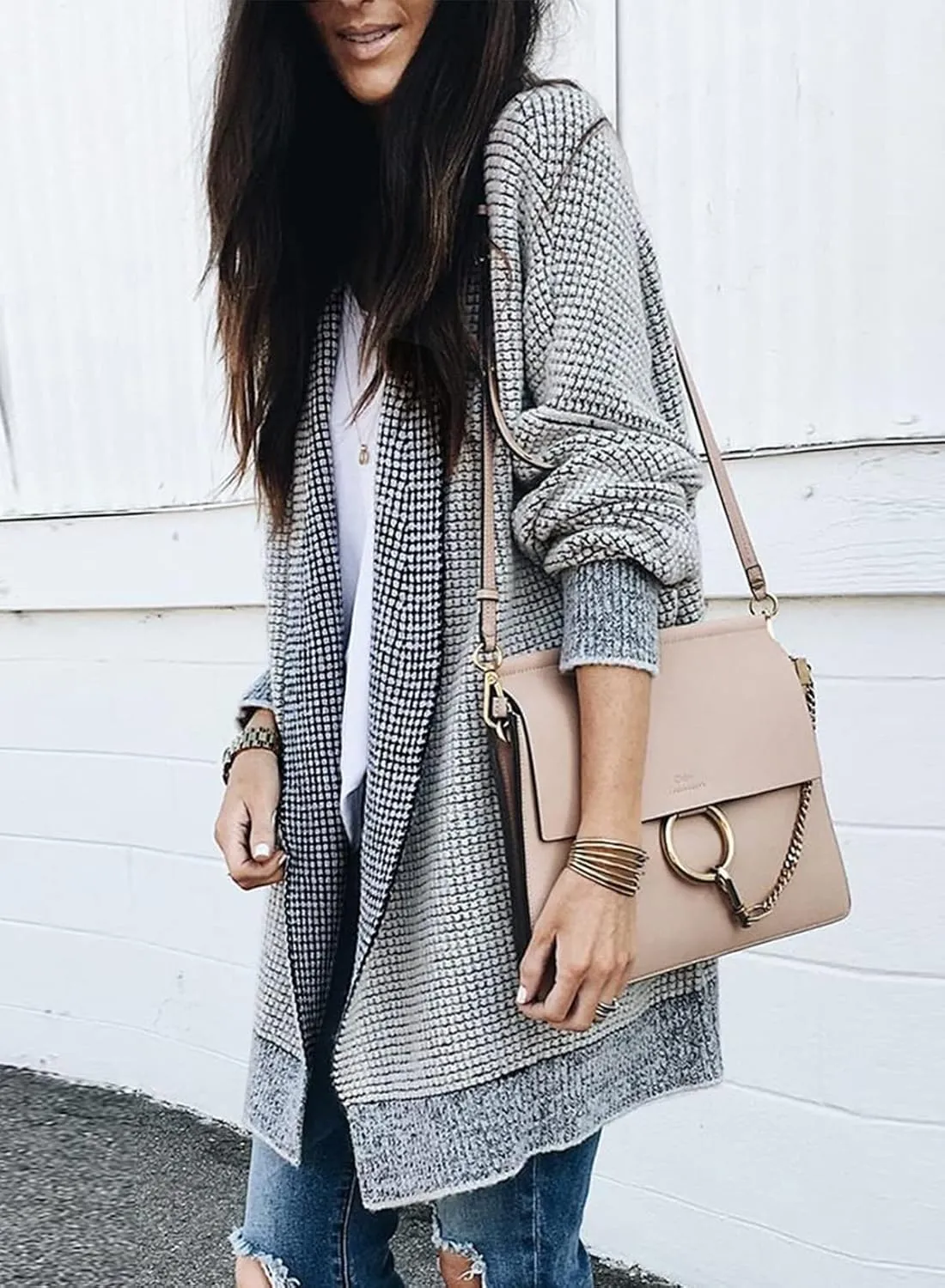 Sidefeel Womens 2024 Fall Winter Long Sleeve Open Front Cardigan Sweaters Oversized Checkered Chunky Knit Sweaters Coat