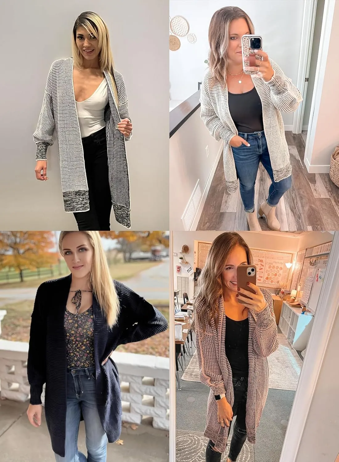 Sidefeel Womens 2024 Fall Winter Long Sleeve Open Front Cardigan Sweaters Oversized Checkered Chunky Knit Sweaters Coat