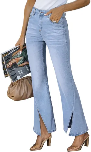 Sidefeel Womens Jeans High Waisted Stretchy Zimbaplatinum Wide Leg Jeans Trendy Slit Hem Bell Bottom Flare Denim Pants
