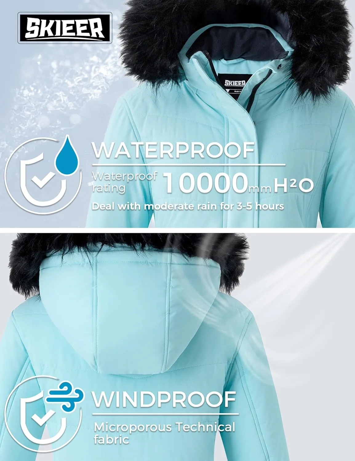 Skieer Women's Waterproof Ski Jacket Windproof Warm Winter Coat Thick Padded Snow Parka