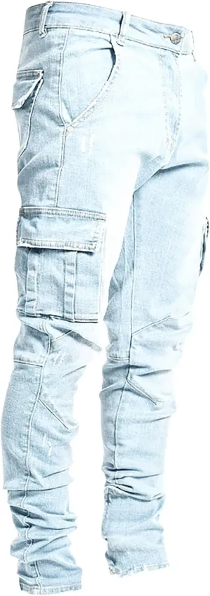 Skinny Cargo Jeans Men's Casual Stylish Straight Slim Fit Jeans Young Hiphop Ripped Hole Destroyed Denim Pants