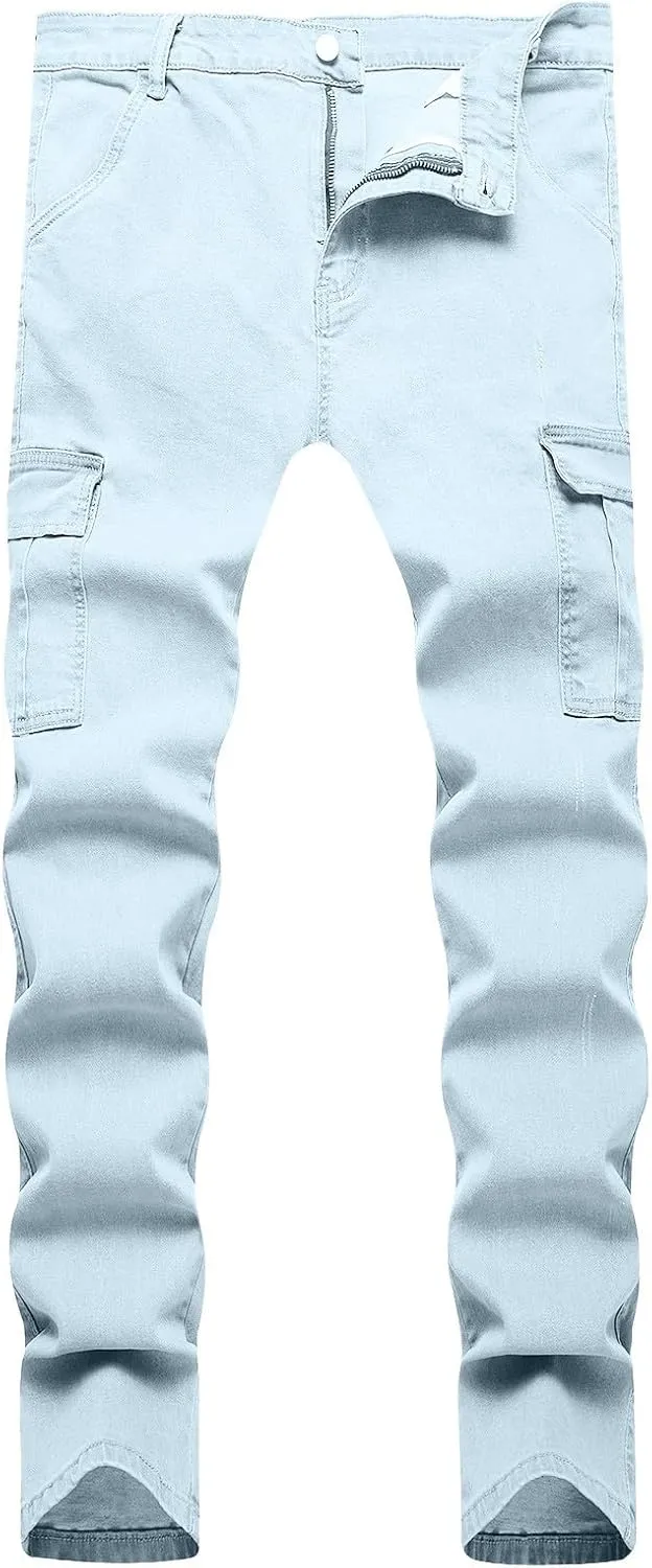 Skinny Cargo Jeans Men's Casual Stylish Straight Slim Fit Jeans Young Hiphop Ripped Hole Destroyed Denim Pants