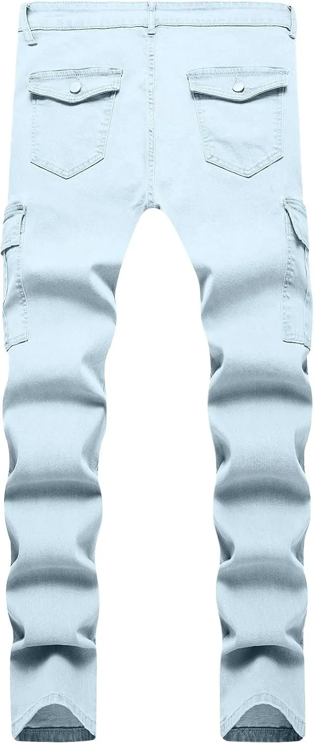 Skinny Cargo Jeans Men's Casual Stylish Straight Slim Fit Jeans Young Hiphop Ripped Hole Destroyed Denim Pants